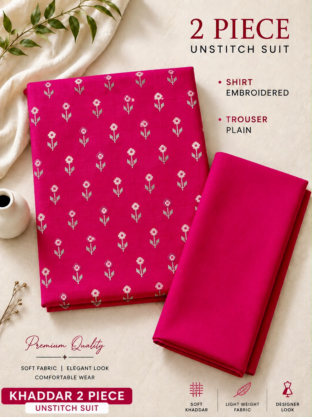 Soft & Warm Khaddar 2 Pcs Ladies Suit β Embroidered Shirt & Plain Trouser S03