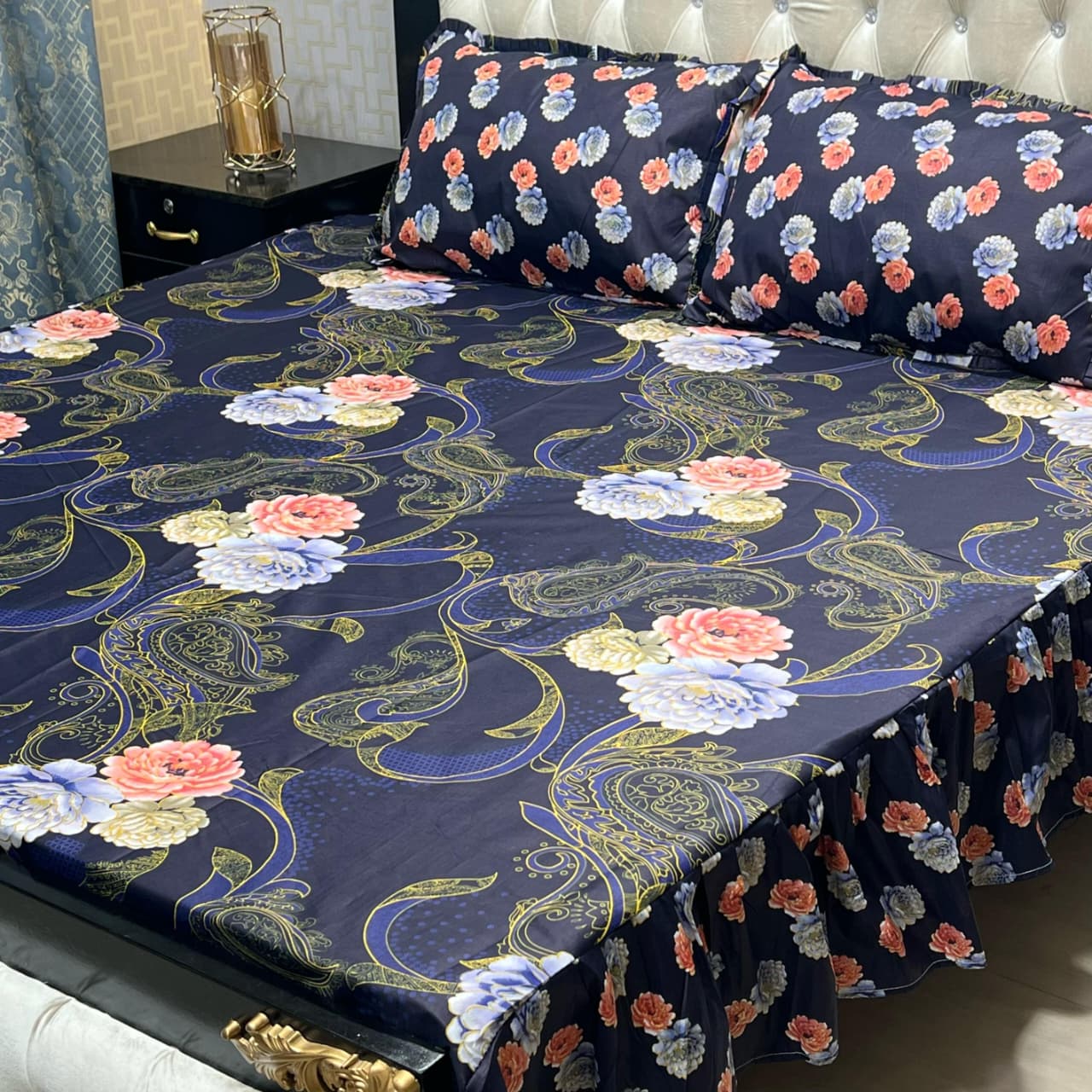 🌸 3 Pcs Cotton Frill Bedsheet Set – Elegant, Soft & Stylish 016