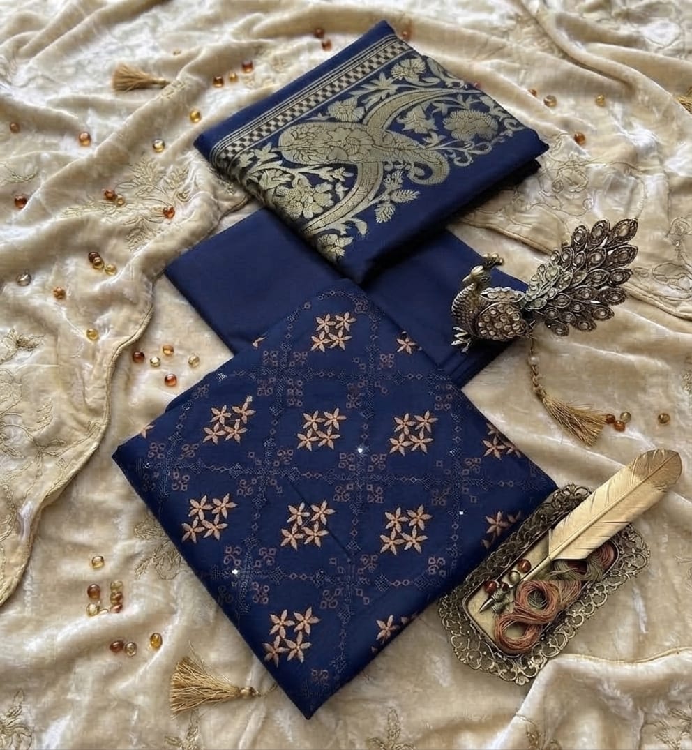 Luxury Dhanak Embroidered 3-Piece Suit with 3D Pashmina Shawl