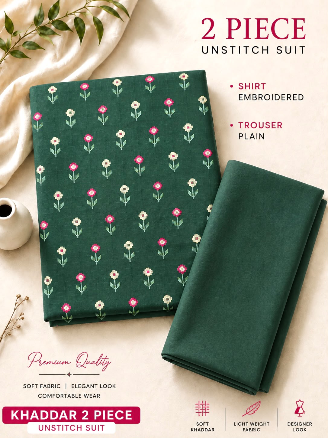 Soft & Warm Khaddar 2 Pcs Ladies Suit β Embroidered Shirt & Plain Trouser S04