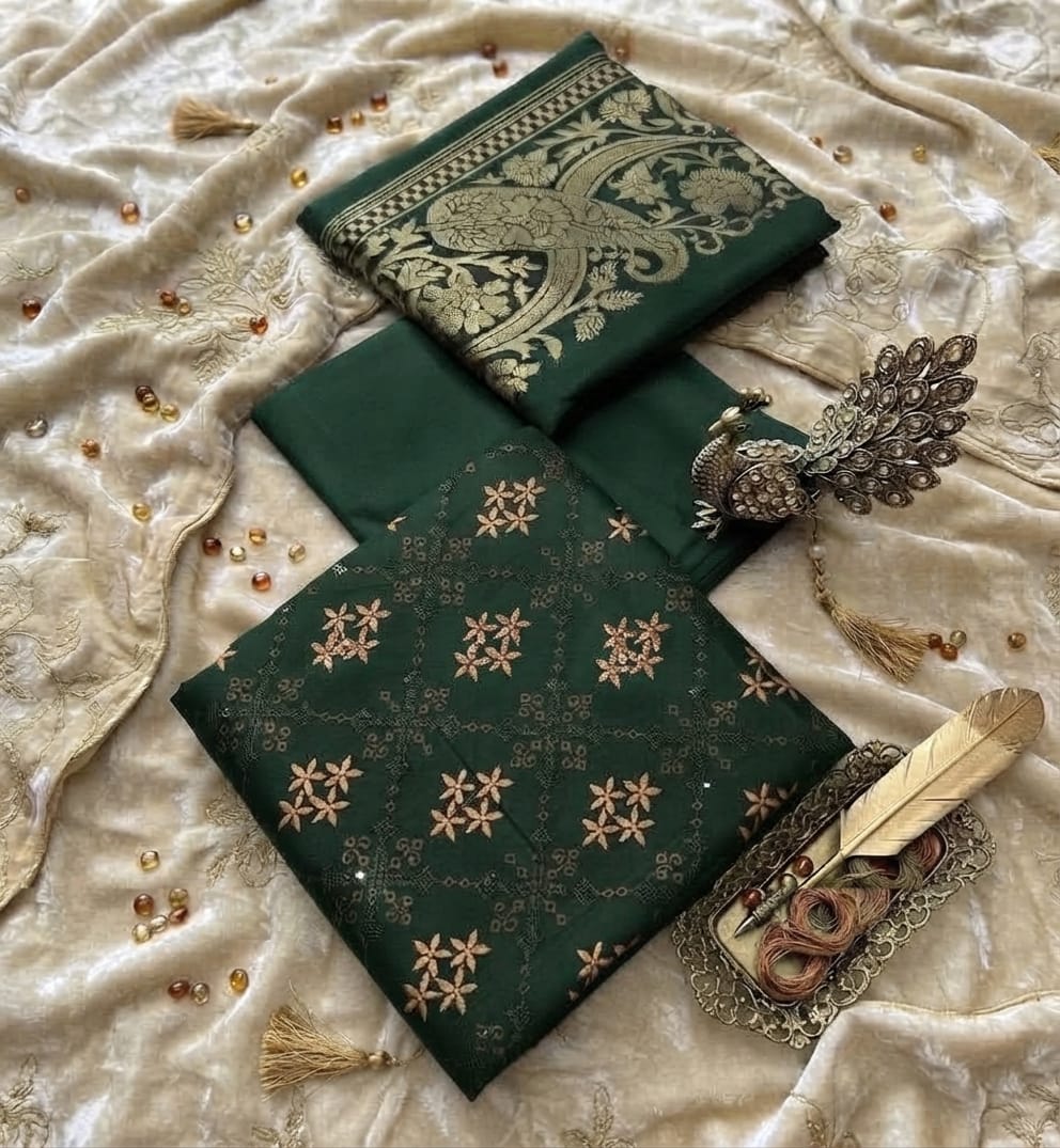 Luxury Dhanak Embroidered 3-Piece Suit with 3D Pashmina Shawl