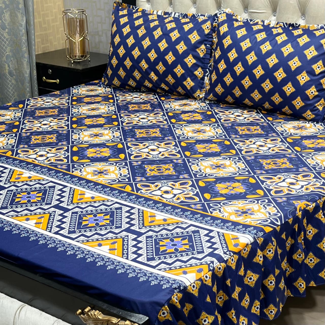 🌸 3 Pcs Cotton Frill Bedsheet Set – Elegant, Soft & Stylish 06