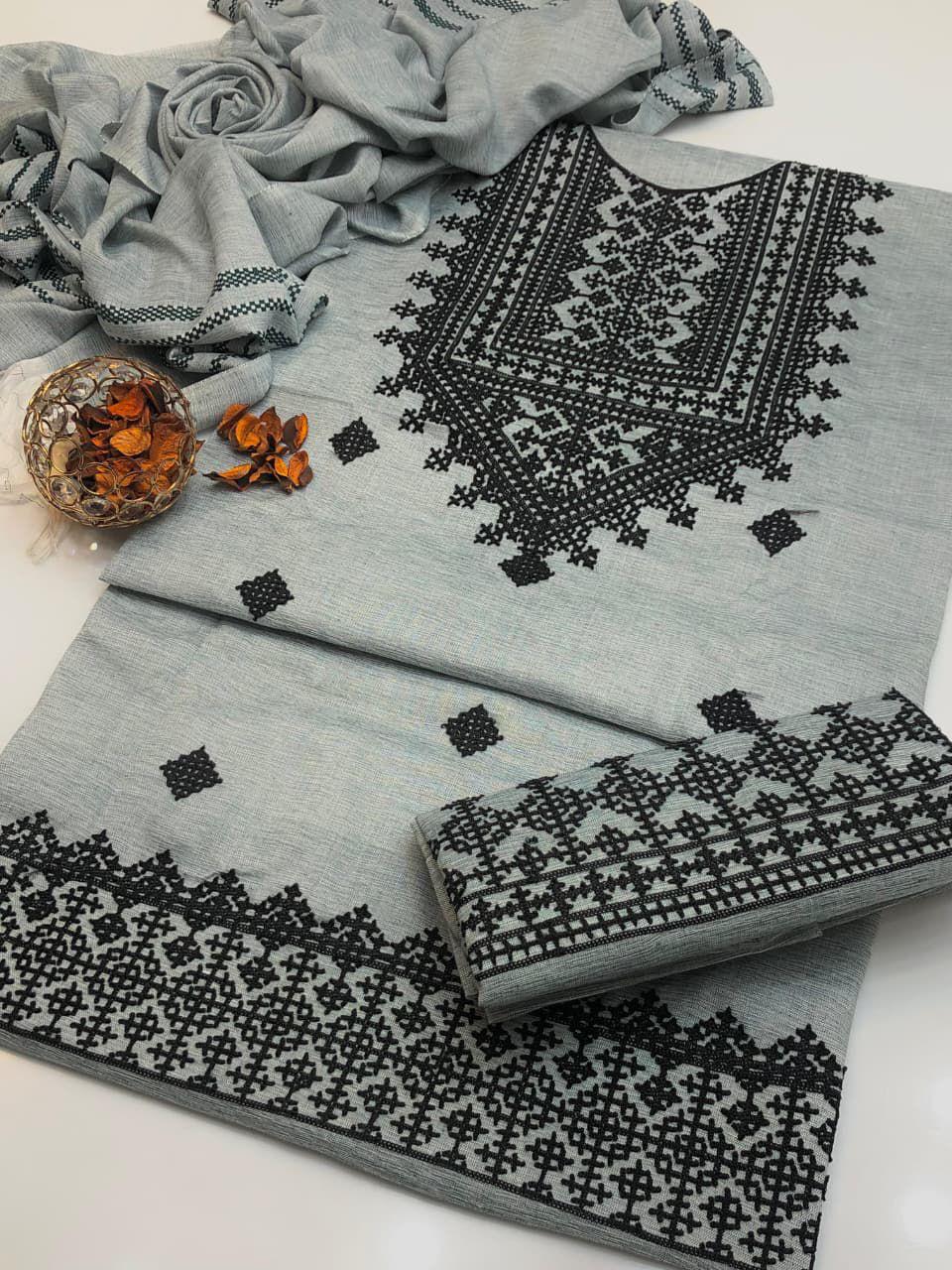 3 Pcs Khaddi Khadar Suit with Jacquard Velvet Shawl