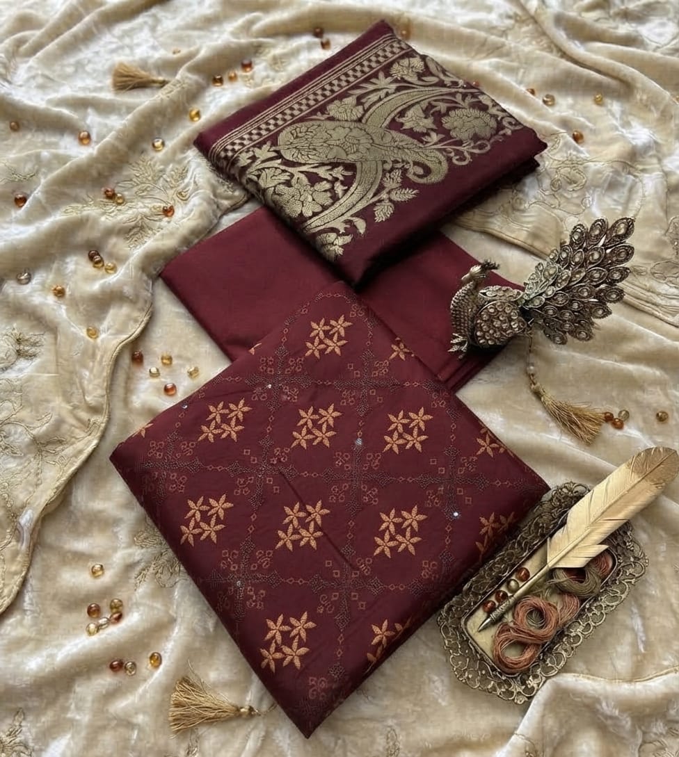 Luxury Dhanak Embroidered 3-Piece Suit with 3D Pashmina Shawl