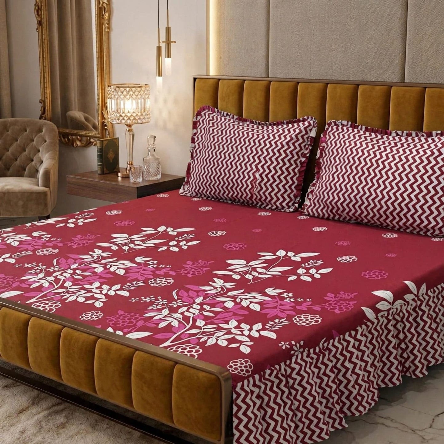 πΈ 3 Pcs Cotton Frill Bedsheet Set β Elegant, Soft & Stylish 012