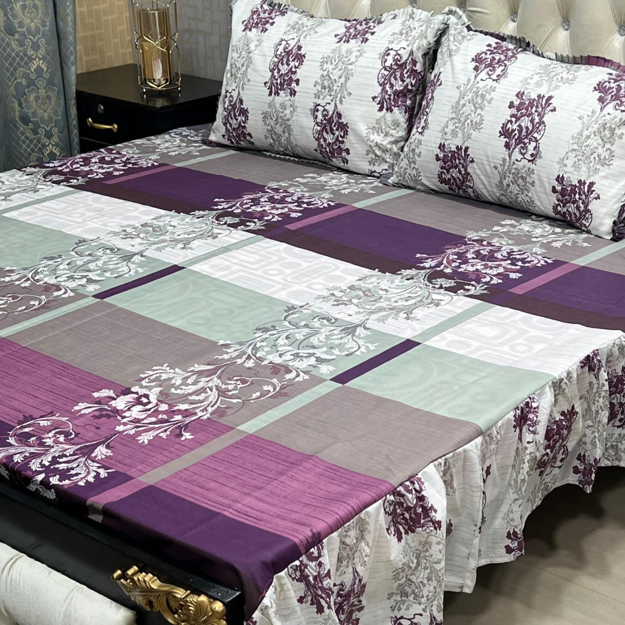🌸 3 Pcs Cotton Frill Bedsheet Set – Elegant, Soft & Stylish 030