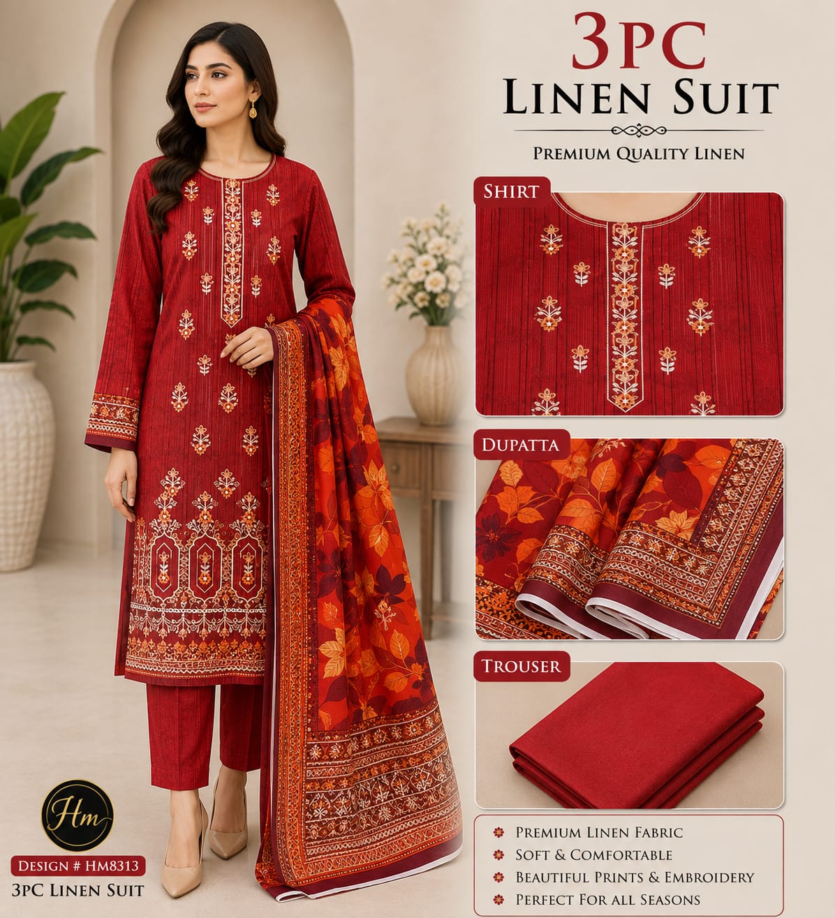legant 3 Pcs Linen Ladies Suit β Embroidered Shirt wit dyed Trouser