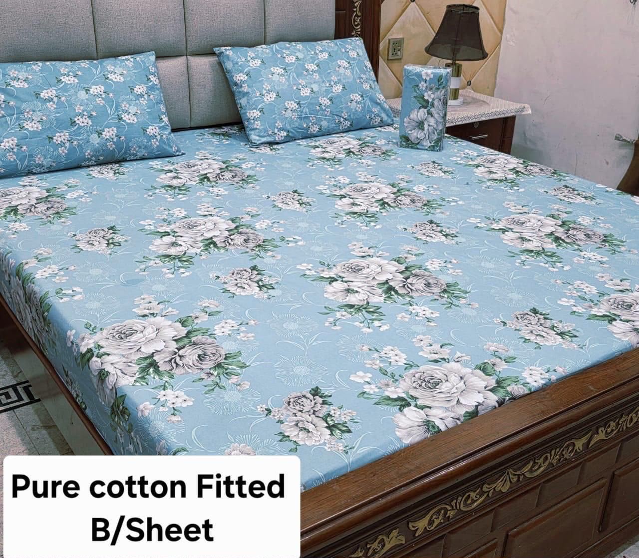 3 Pcs Pure Cotton Fitted Bedsheets 046