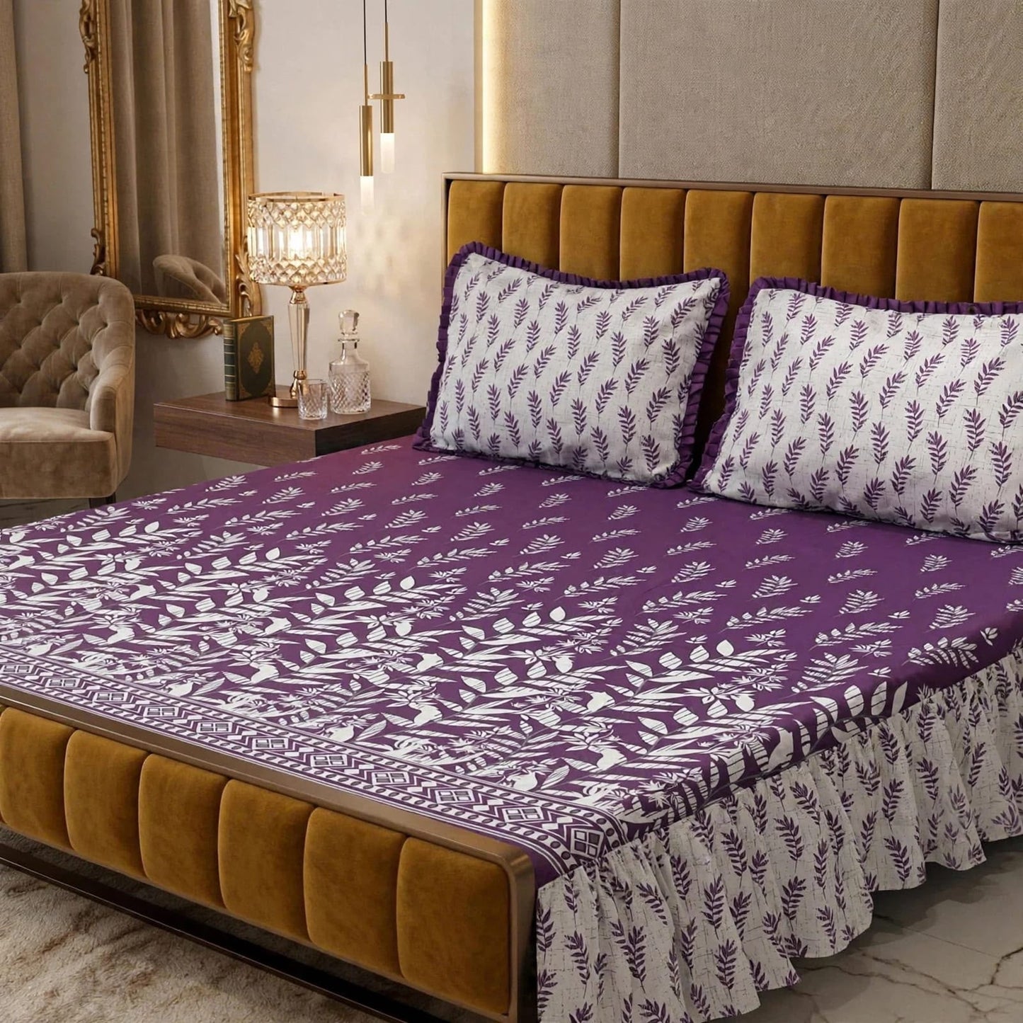 πΈ 3 Pcs Cotton Frill Bedsheet Set β Elegant, Soft & Stylish 018