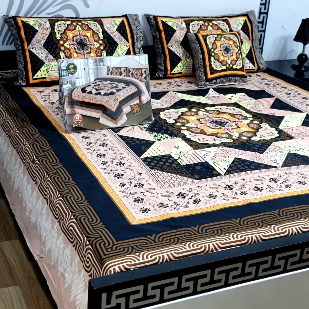 Designer Bed Sheet Set - 4pcs Panel Design 016