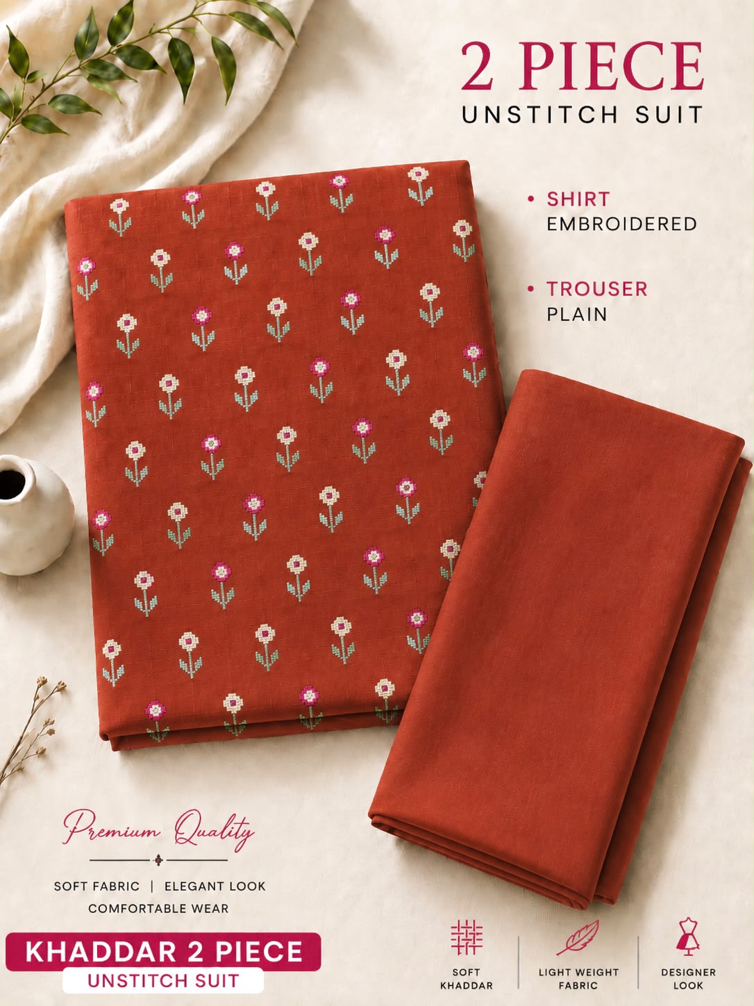 Soft & Warm Khaddar 2 Pcs Ladies Suit – Embroidered Shirt & Plain Trouser S06