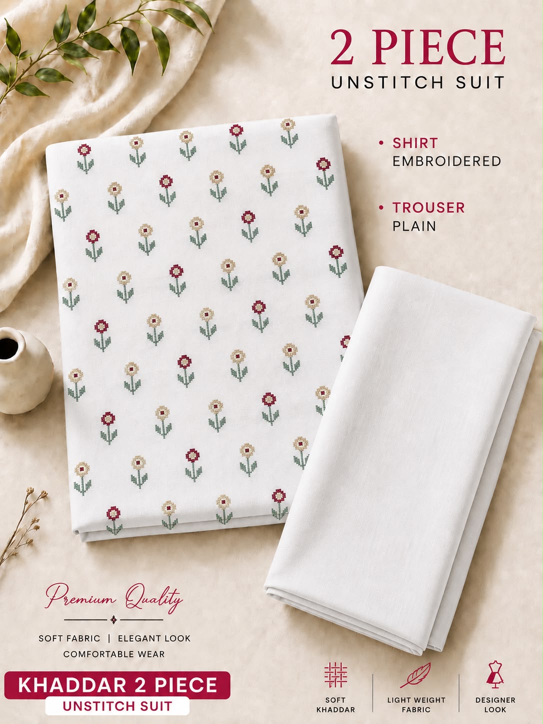 Soft & Warm Khaddar 2 Pcs Ladies Suit – Embroidered Shirt & Plain Trouser