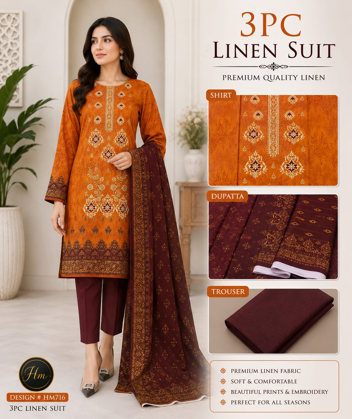 Elegant 3 Pcs Linen Ladies Suit – Embroidered Shirt wit dyed Trouser