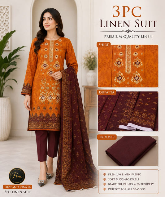 legant 3 Pcs Linen Ladies Suit – Embroidered Shirt with dyed Trouser