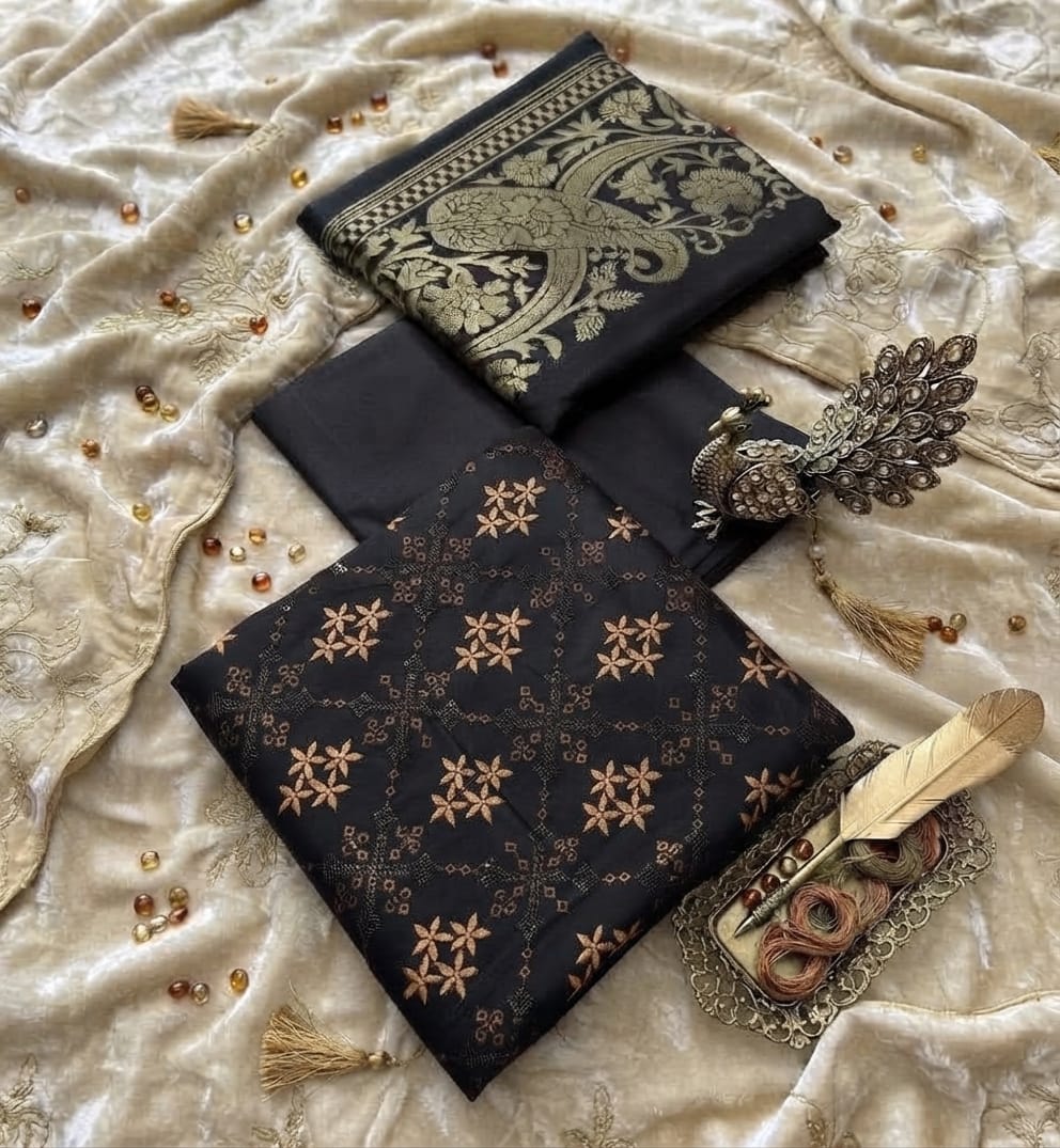 Luxury Dhanak Embroidered 3-Piece Suit with 3D Pashmina Shawl