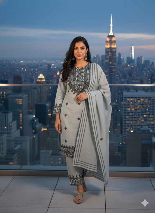 3 Pcs Khaddi Khadar Suit with Jacquard Velvet Shawl