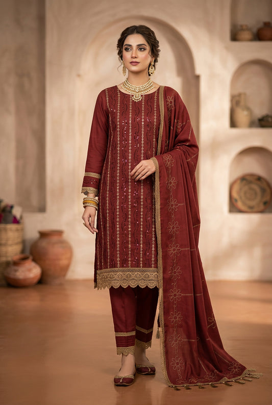 Royal Embroidered Dhanak 3-Piece Suit
