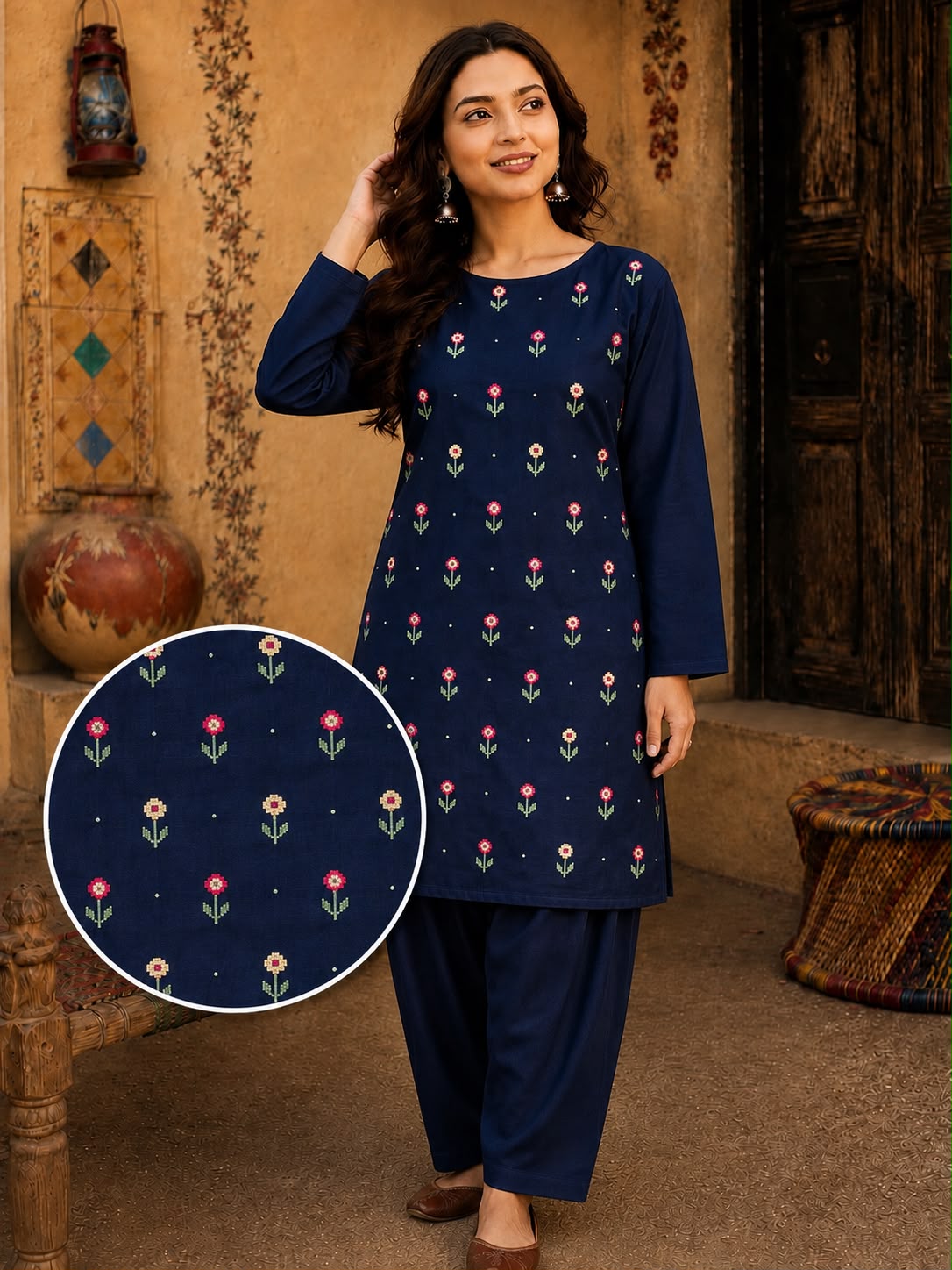 Soft & Warm Khaddar 2 Pcs Ladies Suit – Embroidered Shirt & Plain Trouser S02