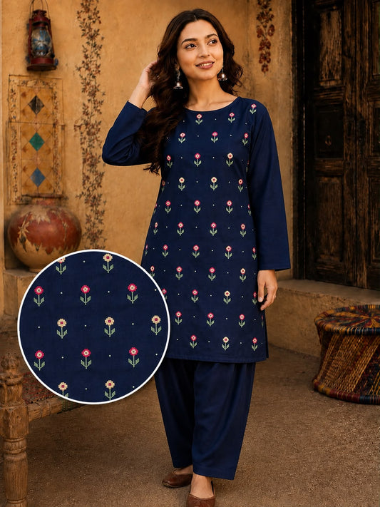 Soft & Warm Khaddar 2 Pcs Ladies Suit – Embroidered Shirt & Plain Trouser S02