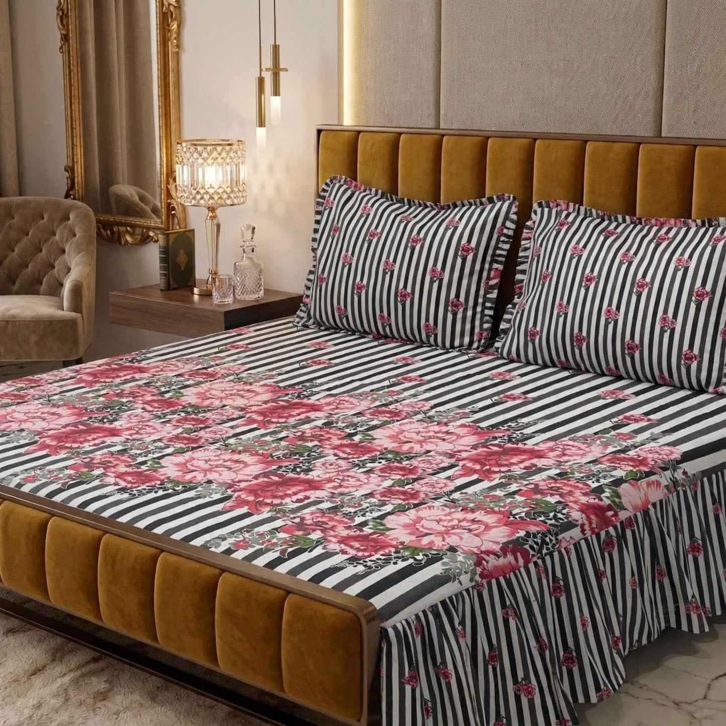 🌸 3 Pcs Cotton Frill Bedsheet Set – Elegant, Soft & Stylish 06