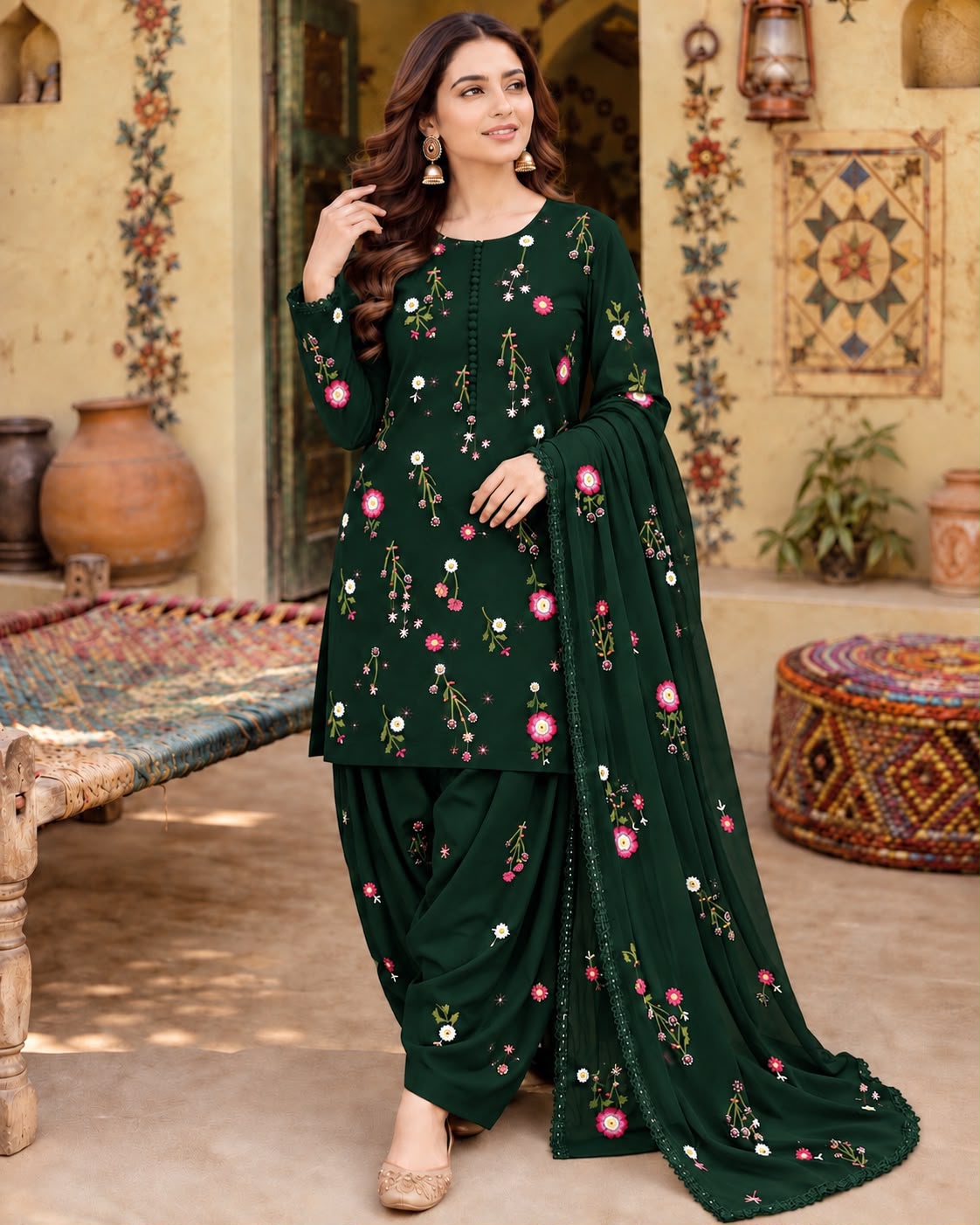 Premium Dhanak Embroidered 3 Pcs Ladies Suit – Ready to Wear Dupatta