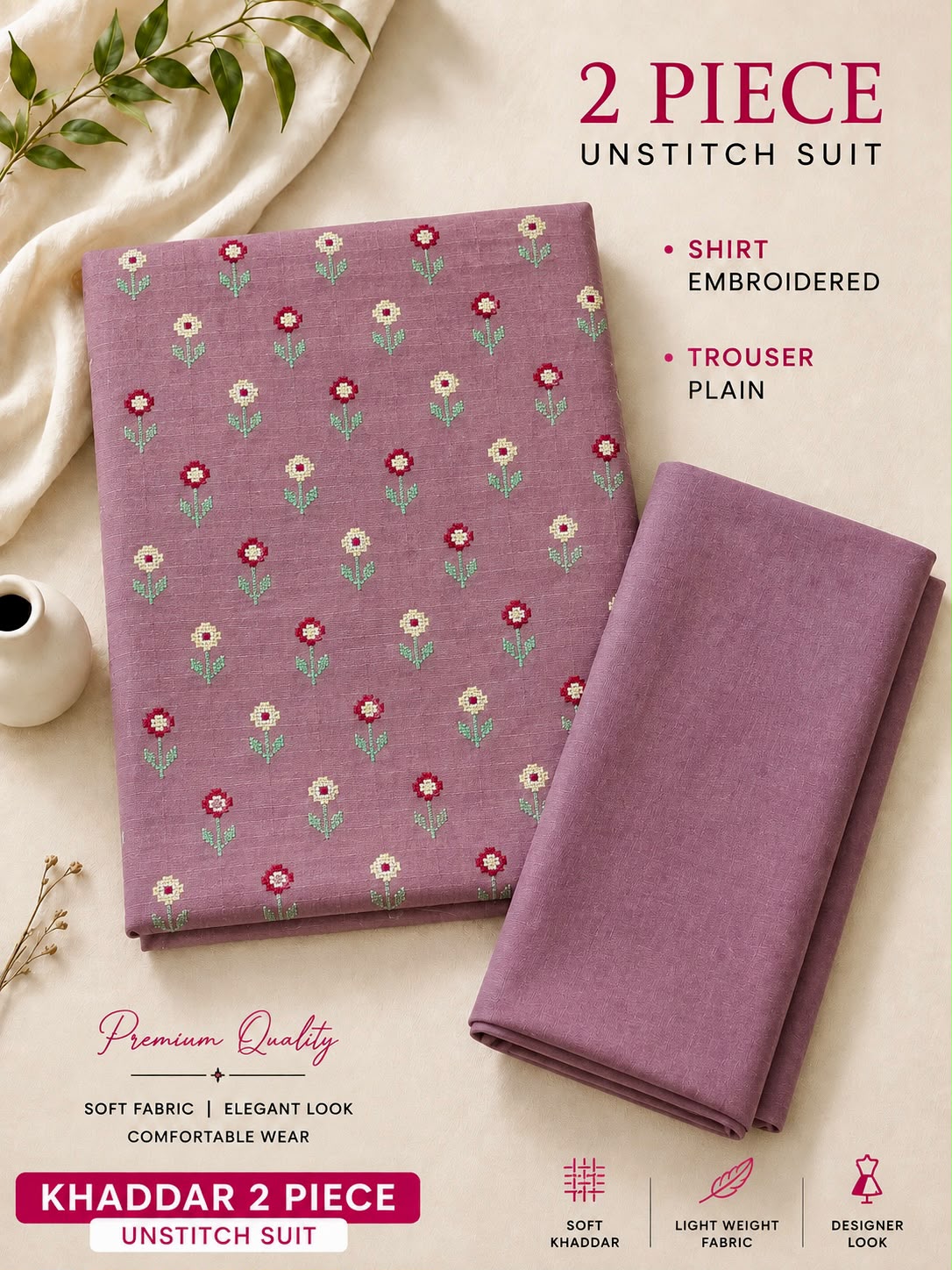 Soft & Warm Khaddar 2 Pcs Ladies Suit – Embroidered Shirt & Plain Trouser S09