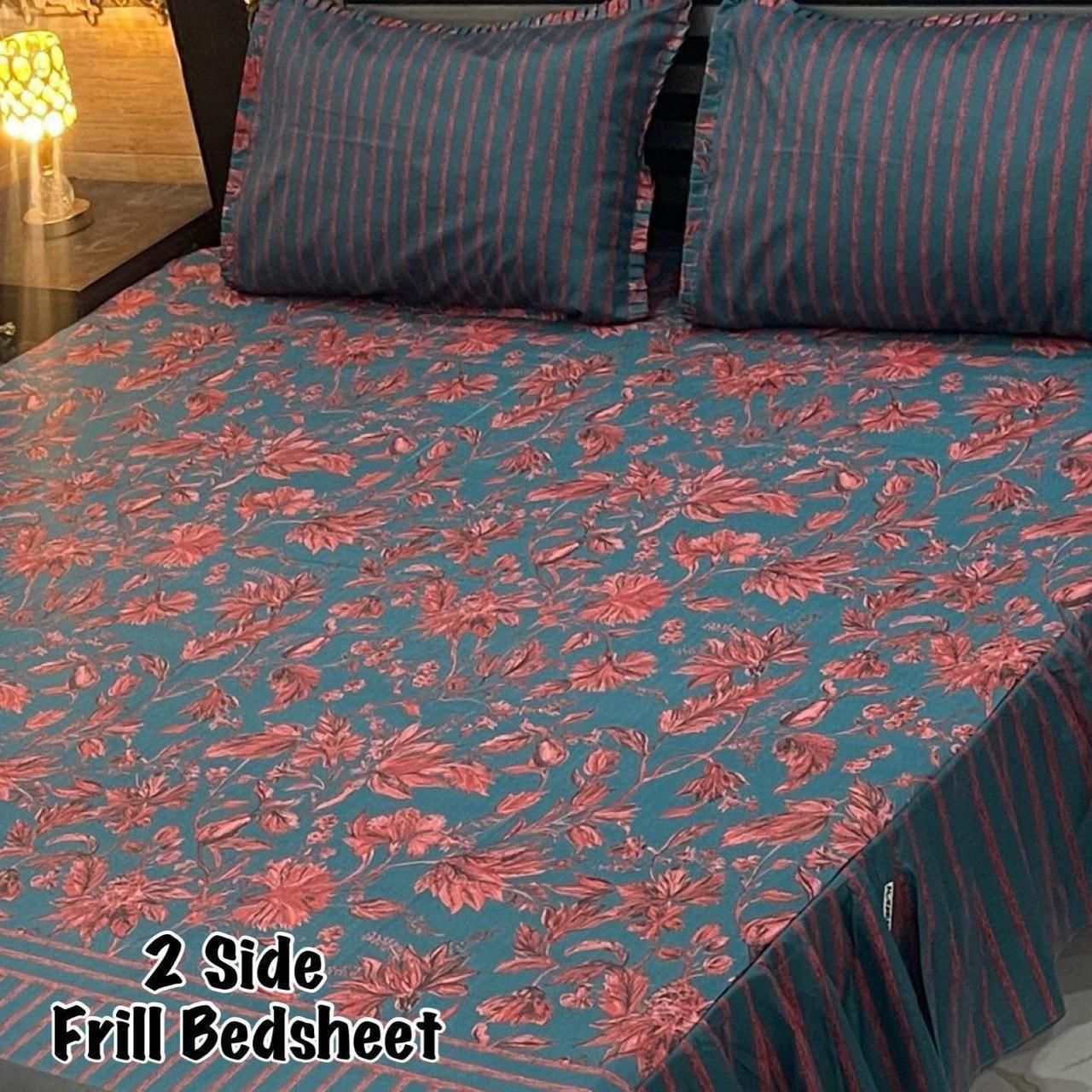 🌸 3 Pcs Cotton Frill Bedsheet Set – Elegant, Soft & Stylish 039