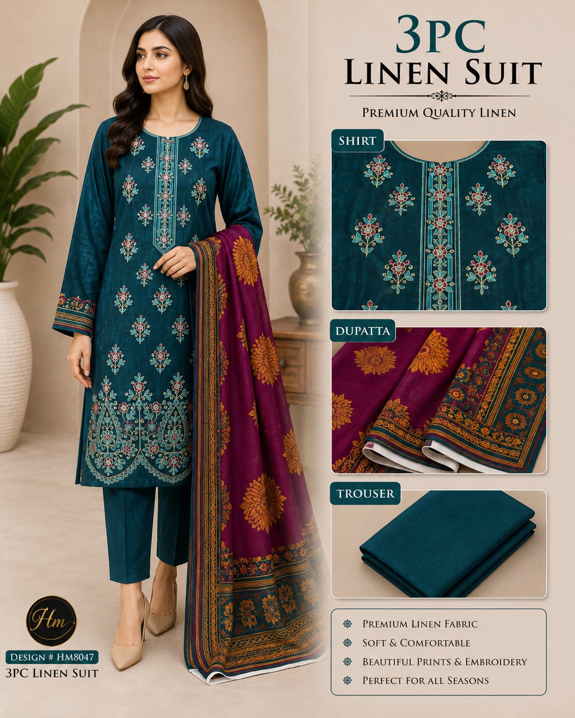 legant 3 Pcs Linen Ladies Suit – Embroidered Shirt with dyed Trouser