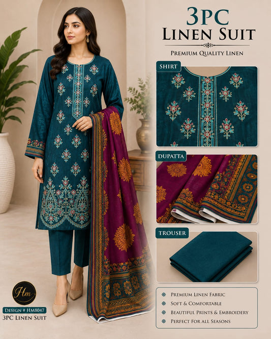 legant 3 Pcs Linen Ladies Suit – Embroidered Shirt with dyed Trouser