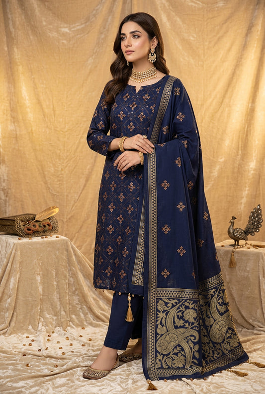 Luxury Dhanak Embroidered 3-Piece Suit with 3D Pashmina Shawl