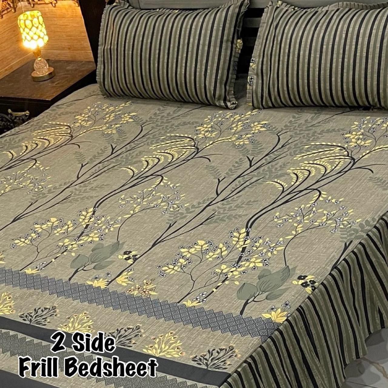 🌸 3 Pcs Cotton Frill Bedsheet Set – Elegant, Soft & Stylish 040