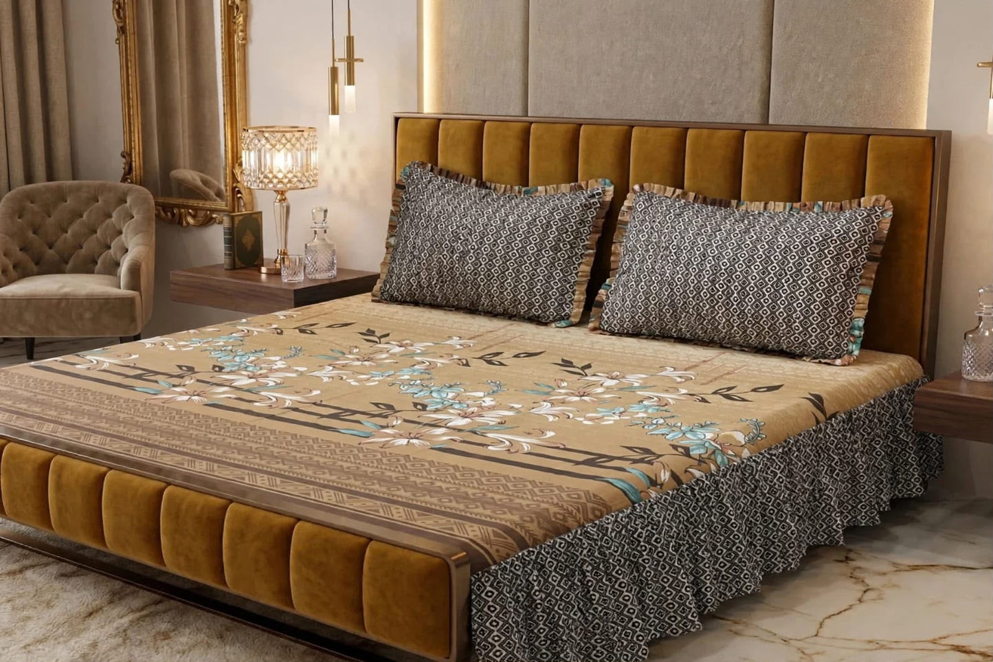 🌸 3 Pcs Cotton Frill Bedsheet Set – Elegant, Soft & Stylish 03