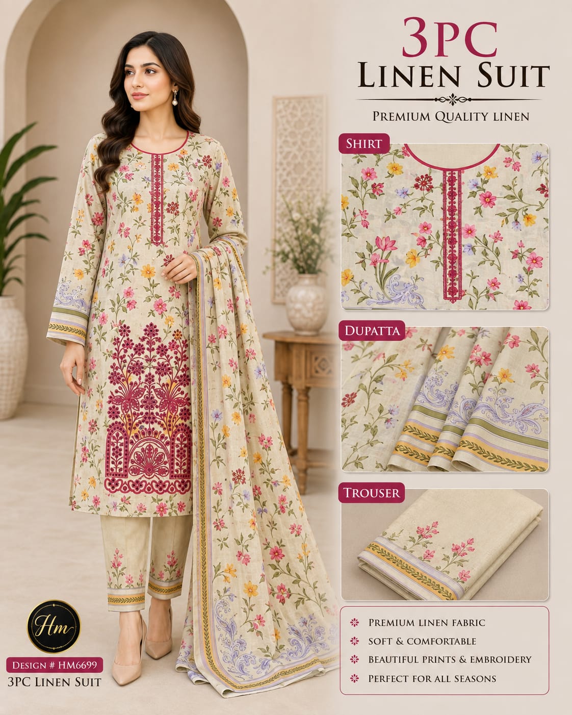 legant 3 Pcs Linen Ladies Suit – Embroidered Shirt with dyed Trouser