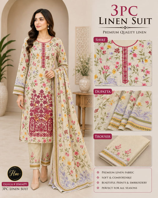 legant 3 Pcs Linen Ladies Suit – Embroidered Shirt with dyed Trouser