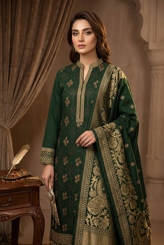 Luxury Dhanak Embroidered 3-Piece Suit with 3D Pashmina Shawl