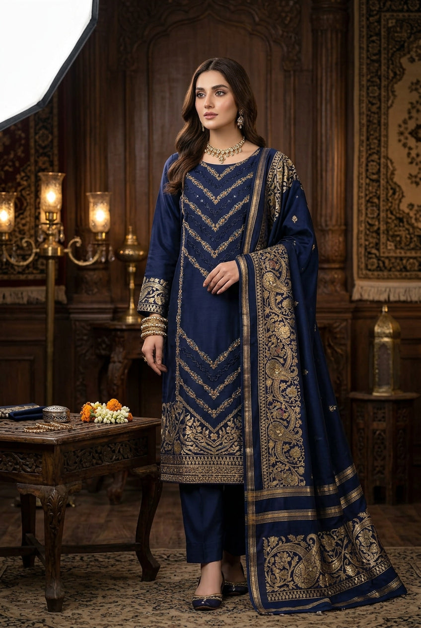 Luxury Dhanak Embroidered 3-Piece Suit with 3D Pashmina Shawl