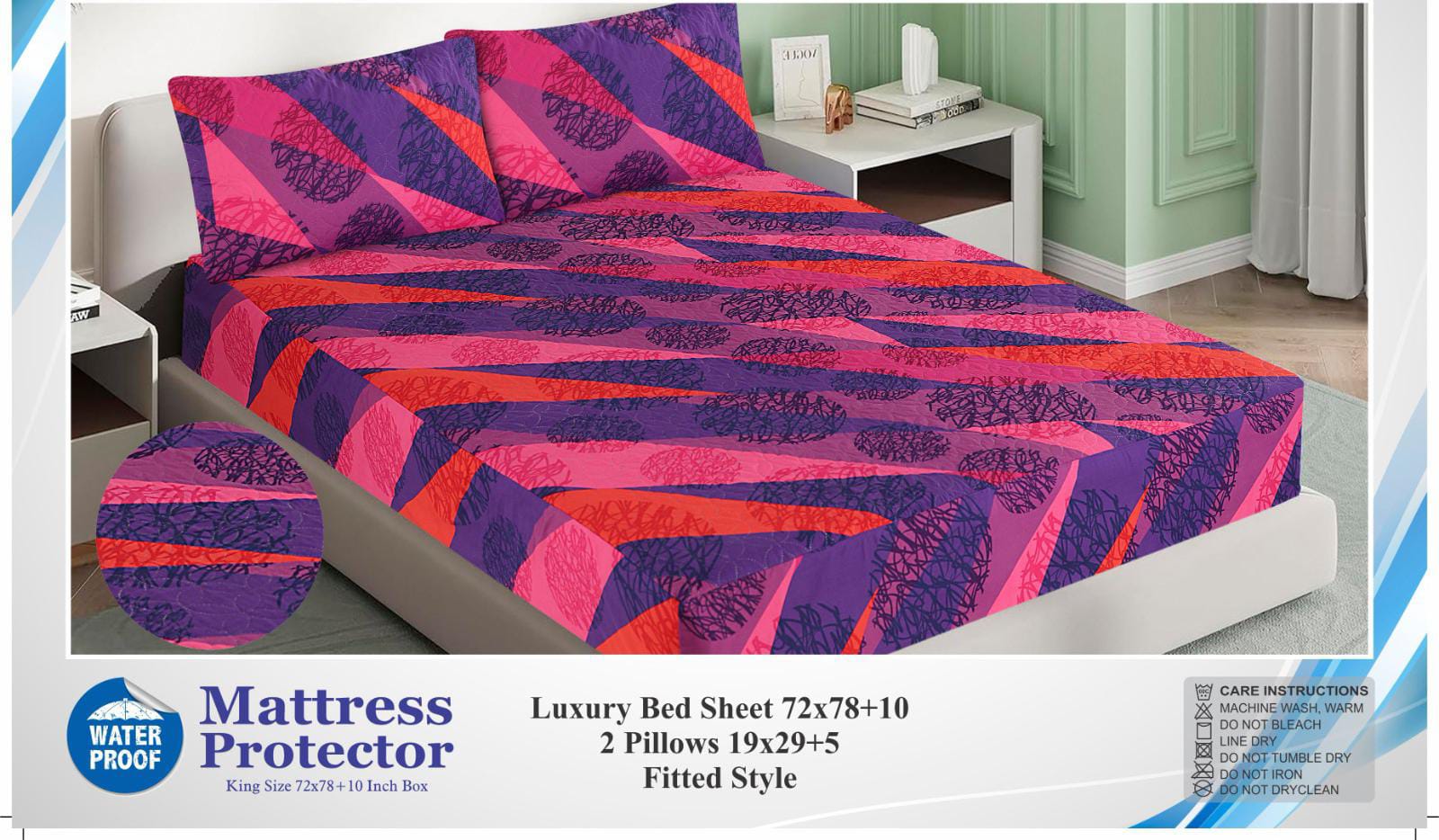3 Pcs Printed Waterproof Mattress Protector - Quilted -  King 06
