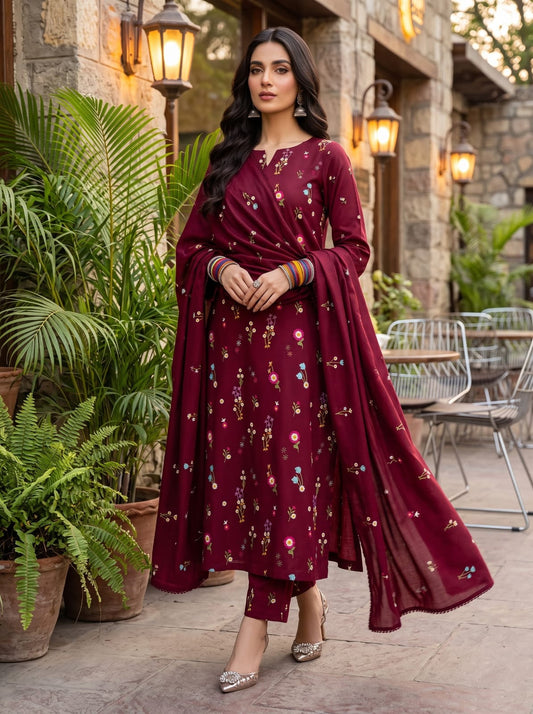Premium Dhanak Embroidered 3 Pcs Ladies Suit – Ready to Wear Dupatta