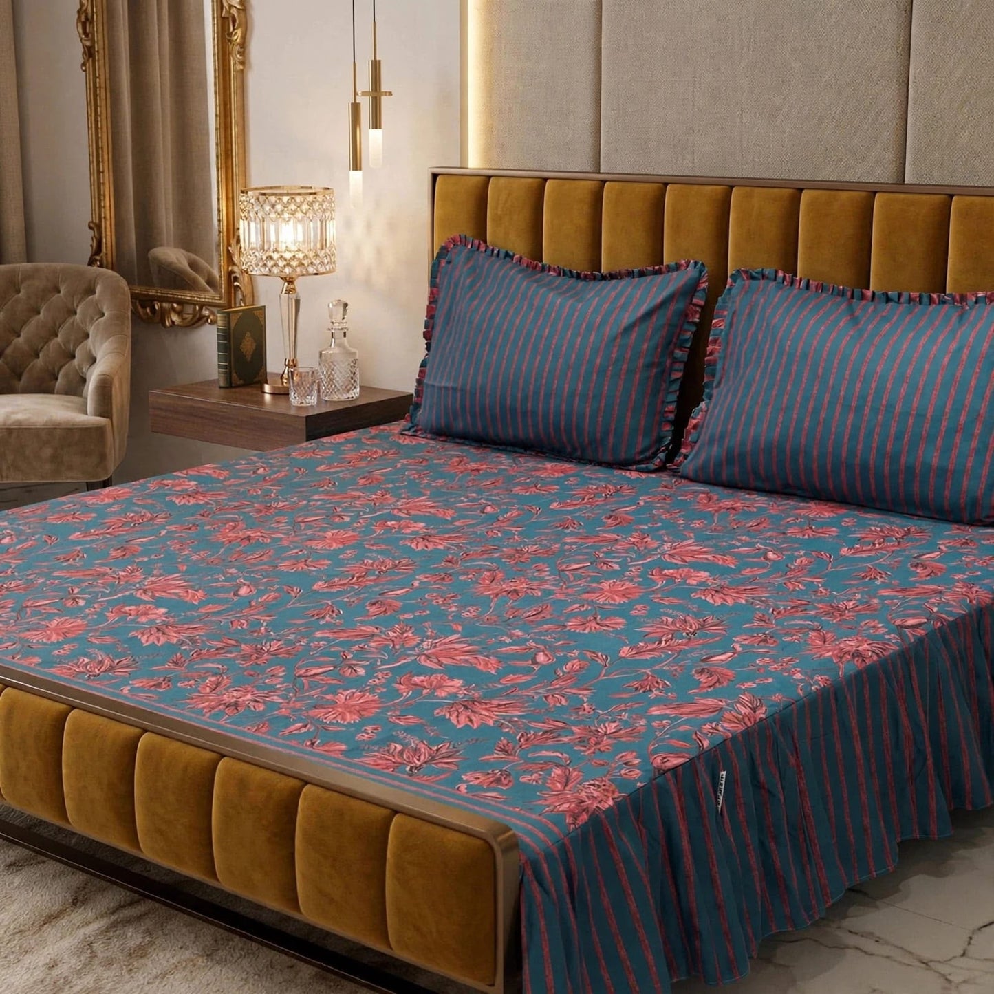 🌸 3 Pcs Cotton Frill Bedsheet Set – Elegant, Soft & Stylish 04