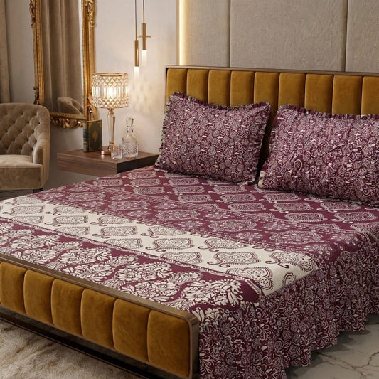 🌸 3 Pcs Cotton Frill Bedsheet Set – Elegant, Soft & Stylish 09