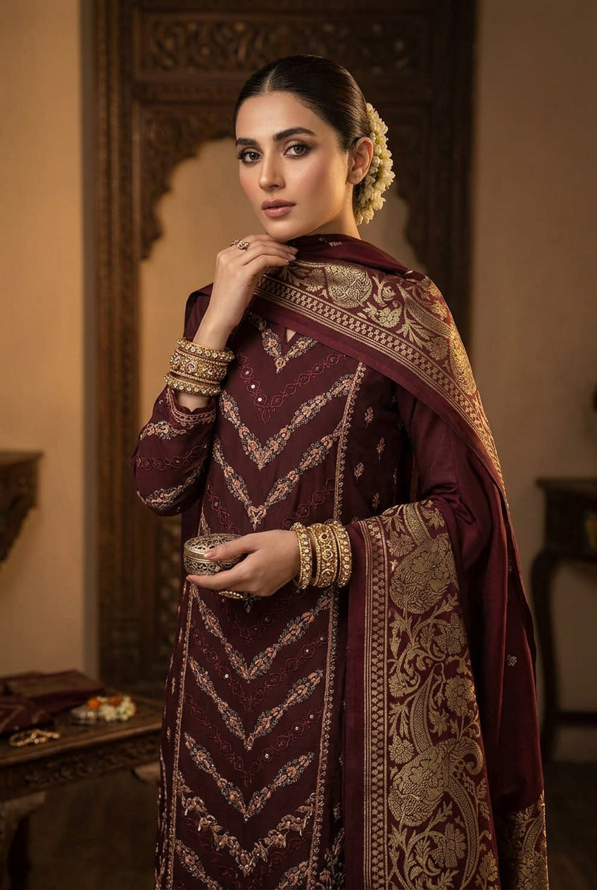 Luxury Dhanak Embroidered 3-Piece Suit with 3D Pashmina Shawl