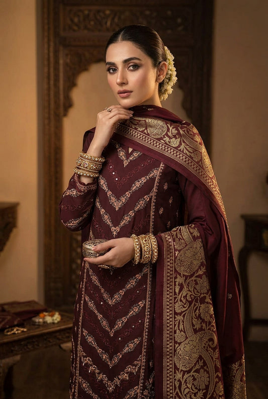 Luxury Dhanak Embroidered 3-Piece Suit with 3D Pashmina Shawl