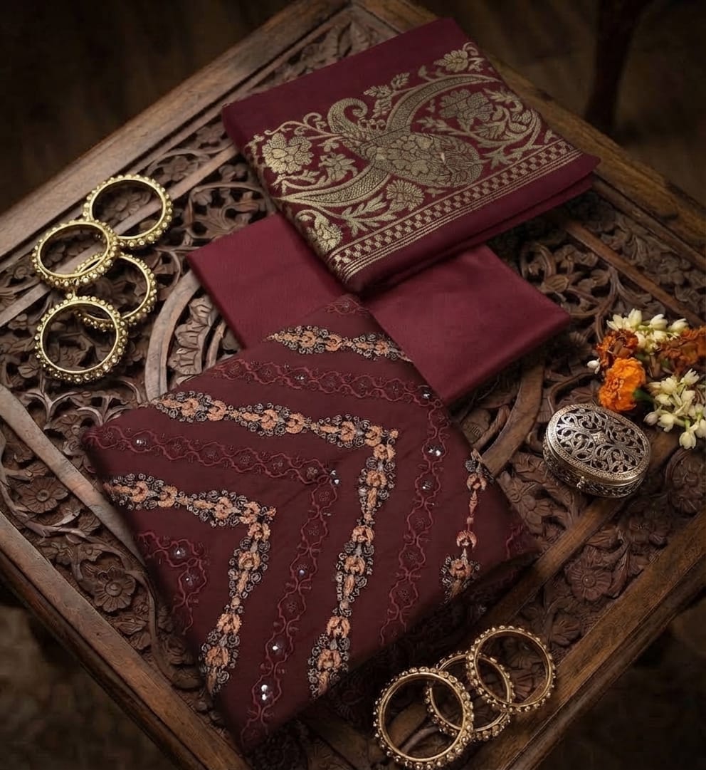 Luxury Dhanak Embroidered 3-Piece Suit with 3D Pashmina Shawl