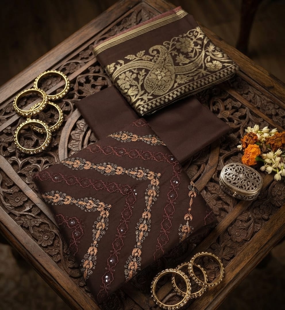 Luxury Dhanak Embroidered 3-Piece Suit with 3D Pashmina Shawl
