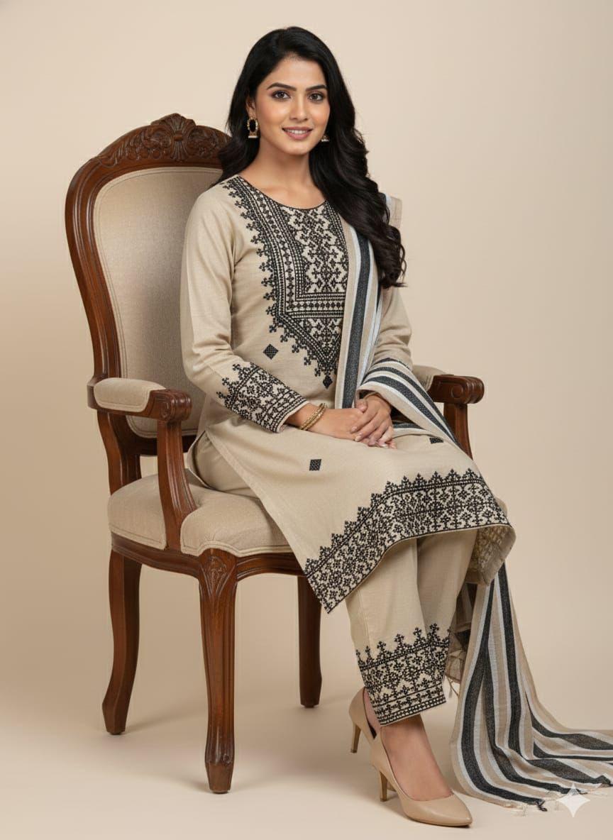 3 Pcs Khaddi Khadar Suit with Jacquard Velvet Shawl
