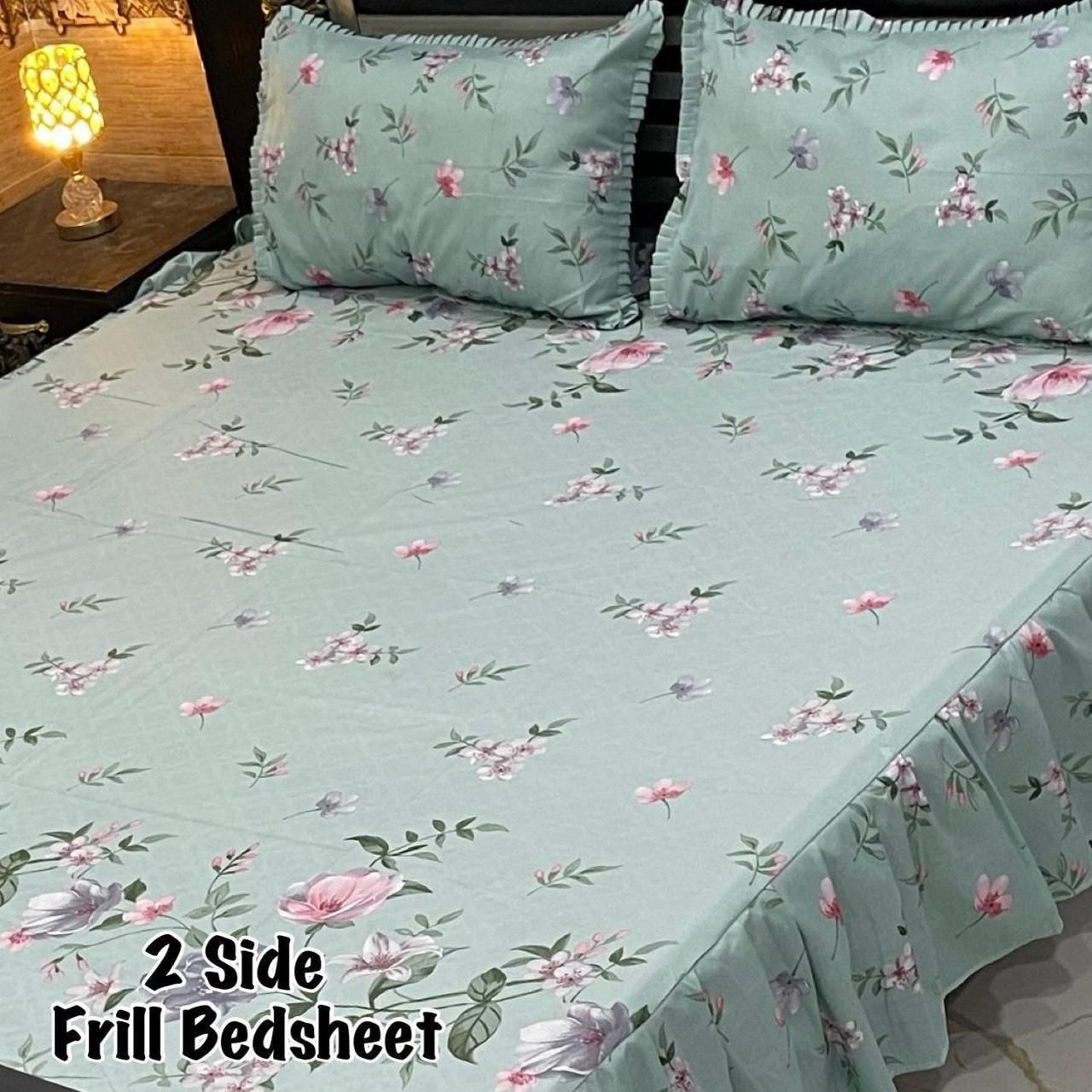 🌸 3 Pcs Cotton Frill Bedsheet Set – Elegant, Soft & Stylish 064