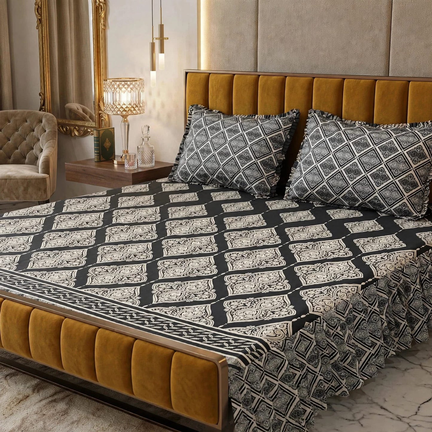🌸 3 Pcs Cotton Frill Bedsheet Set – Elegant, Soft & Stylish 08
