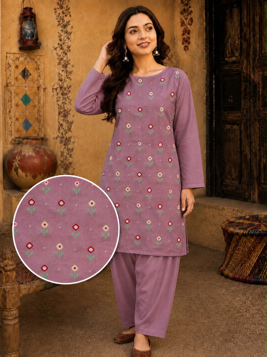 Soft & Warm Khaddar 2 Pcs Ladies Suit – Embroidered Shirt & Plain Trouser S09
