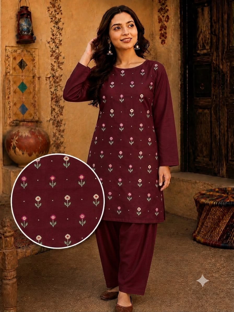 Soft & Warm Khaddar 2 Pcs Ladies Suit – Embroidered Shirt & Plain Trouser S08
