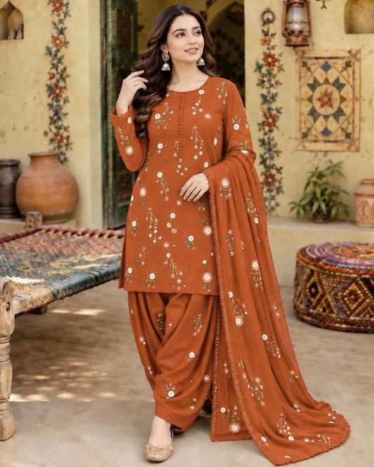 Premium Dhanak Embroidered 3 Pcs Ladies Suit – Ready to Wear Dupatta